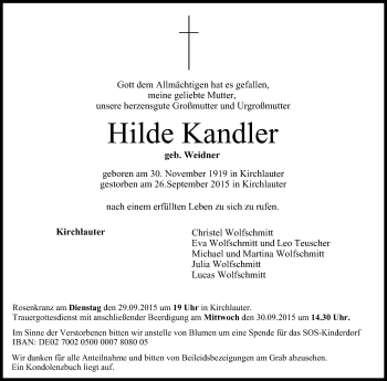 Anzeige von Hilde Kandler von MGO