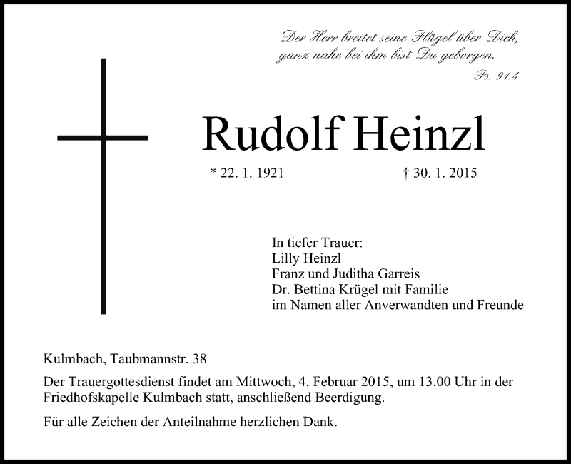  Traueranzeige für Rudolf Heinzl vom 02.02.2015 aus MGO