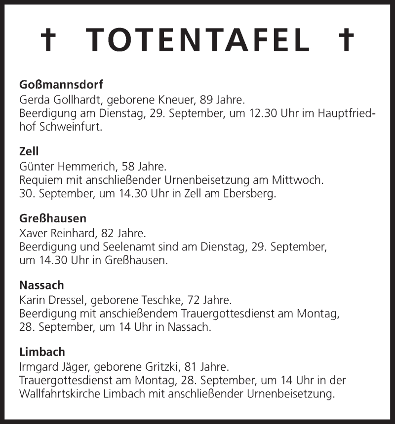  Traueranzeige für Totentafel vom 28.09.2015 vom 28.09.2015 aus MGO