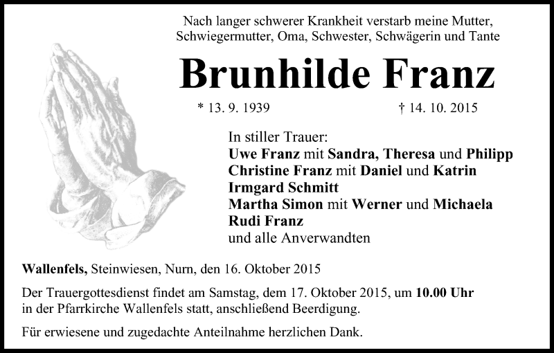  Traueranzeige für Brunhilde Franz vom 16.10.2015 aus MGO