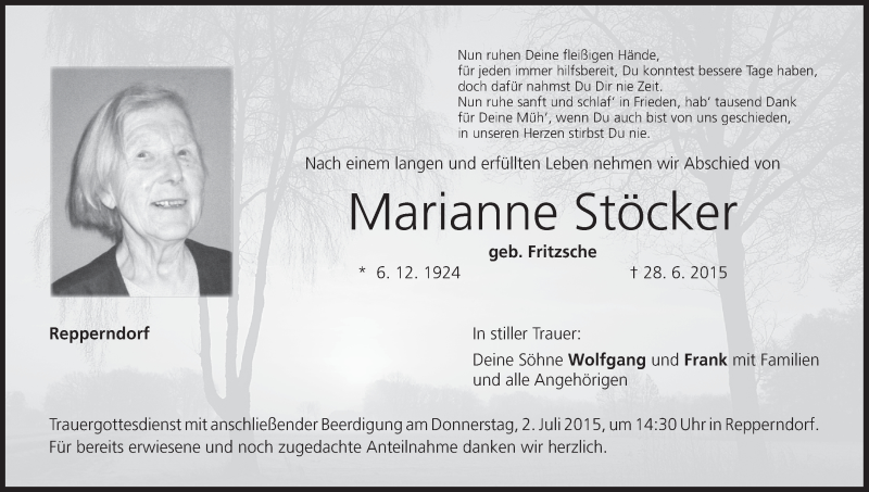  Traueranzeige für Marianne Stöcker vom 30.06.2015 aus MGO