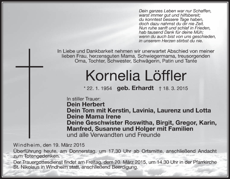  Traueranzeige für Kornelia Löffler vom 19.03.2015 aus MGO