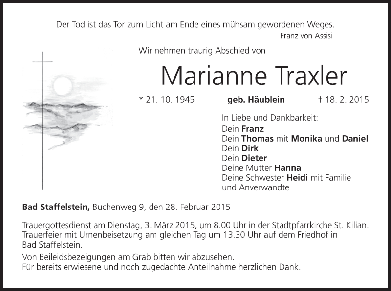  Traueranzeige für Marianne Traxler vom 28.02.2015 aus MGO