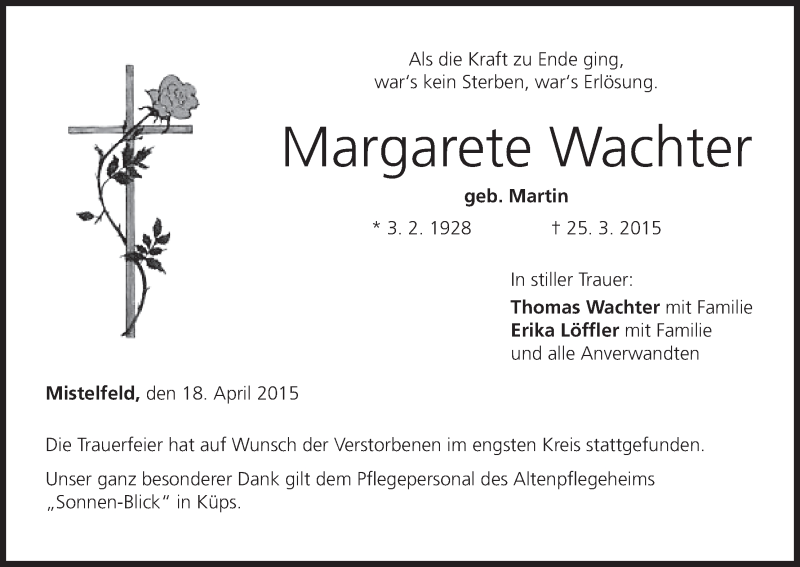  Traueranzeige für Margarete Wachter vom 18.04.2015 aus MGO