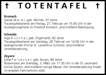 Anzeige von Totentafel vom 27.02.2015 von MGO