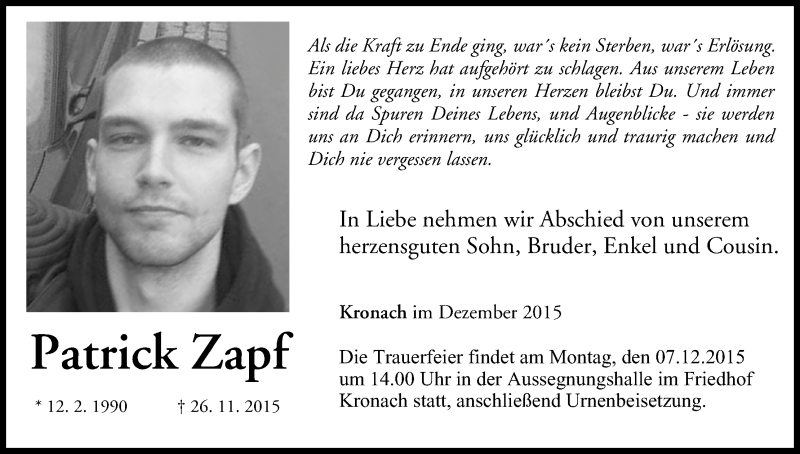  Traueranzeige für Patrick Zapf vom 04.12.2015 aus MGO