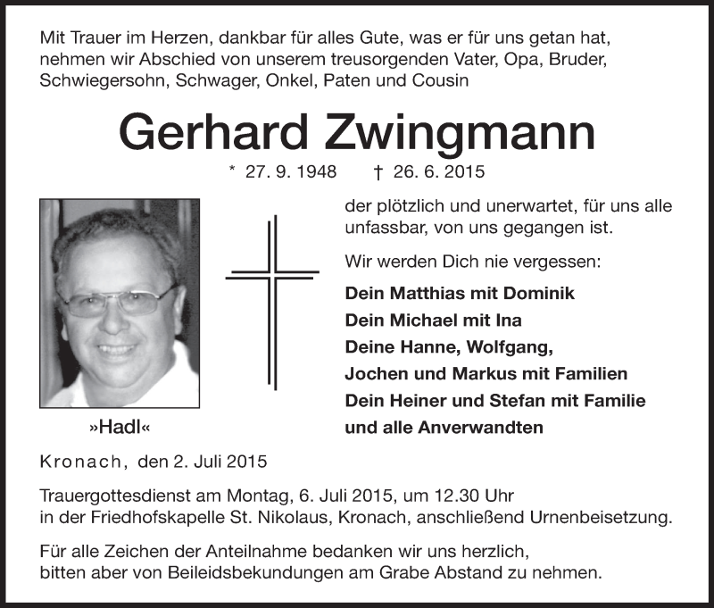  Traueranzeige für Gerhard Zwingmann vom 02.07.2015 aus MGO