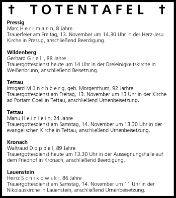 Anzeige von Totentafel vom 12.11.2015 von MGO