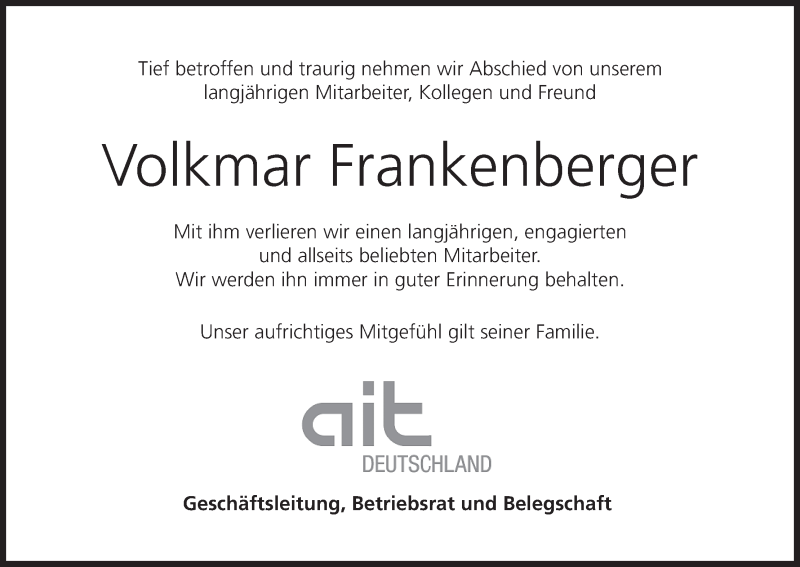  Traueranzeige für Volkmar Frankenberger vom 27.05.2015 aus MGO