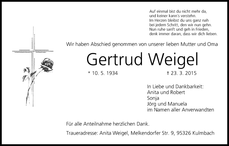  Traueranzeige für Gertrud Weigel vom 11.04.2015 aus MGO