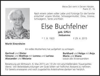 Anzeige von Else Buchfelner von MGO