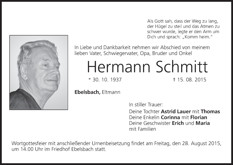  Traueranzeige für Hermann Schmitt vom 27.08.2015 aus MGO