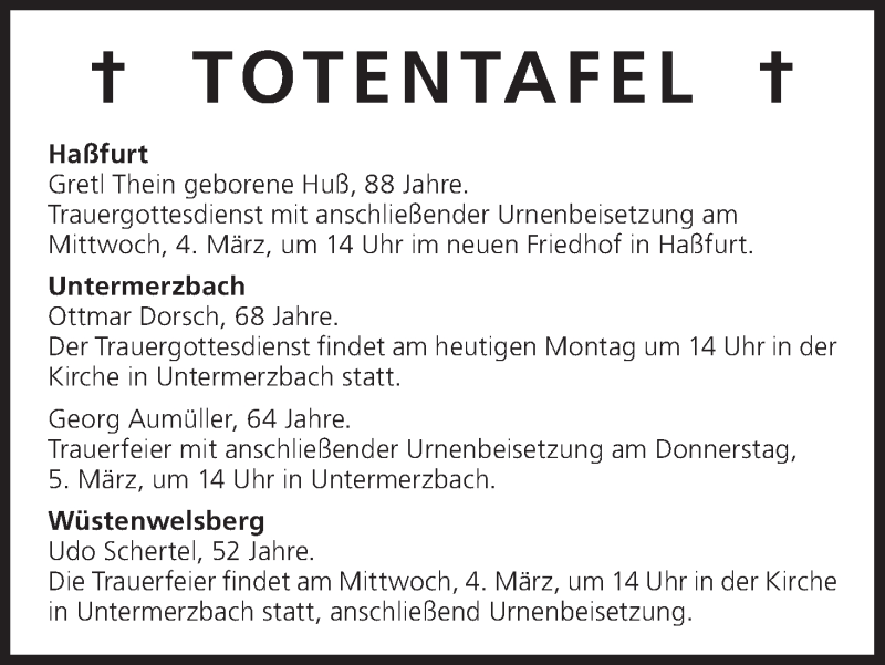  Traueranzeige für Totentafel vom 02.03.2015 vom 02.03.2015 aus MGO