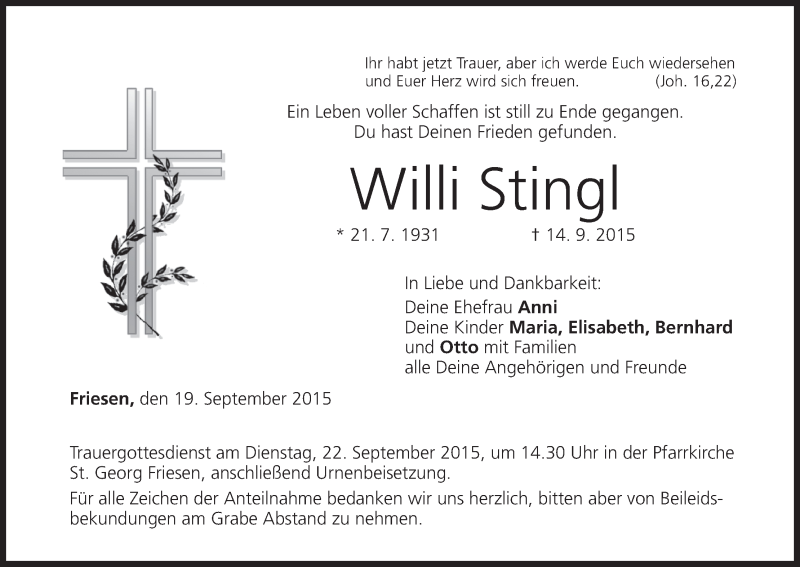  Traueranzeige für Willi Stingl vom 19.09.2015 aus MGO