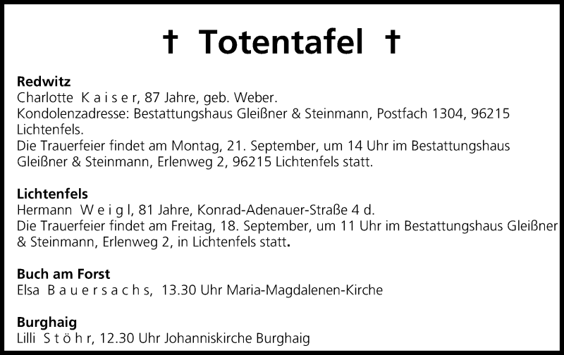  Traueranzeige für Totentafel vom 18.09.2015 vom 18.09.2015 aus MGO