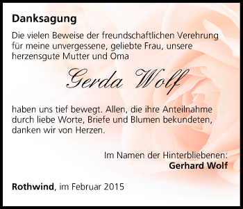 Anzeige von Gerda Wolf von MGO