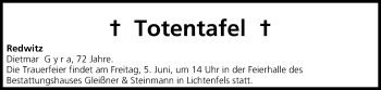 Anzeige von Totentafel vom 04.06.2015 von MGO