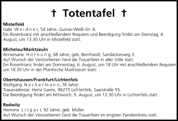 Anzeige von Totentafel vom 04.08.2015 von MGO