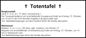 Anzeige von Totentafel vom 22.10.2015 von MGO