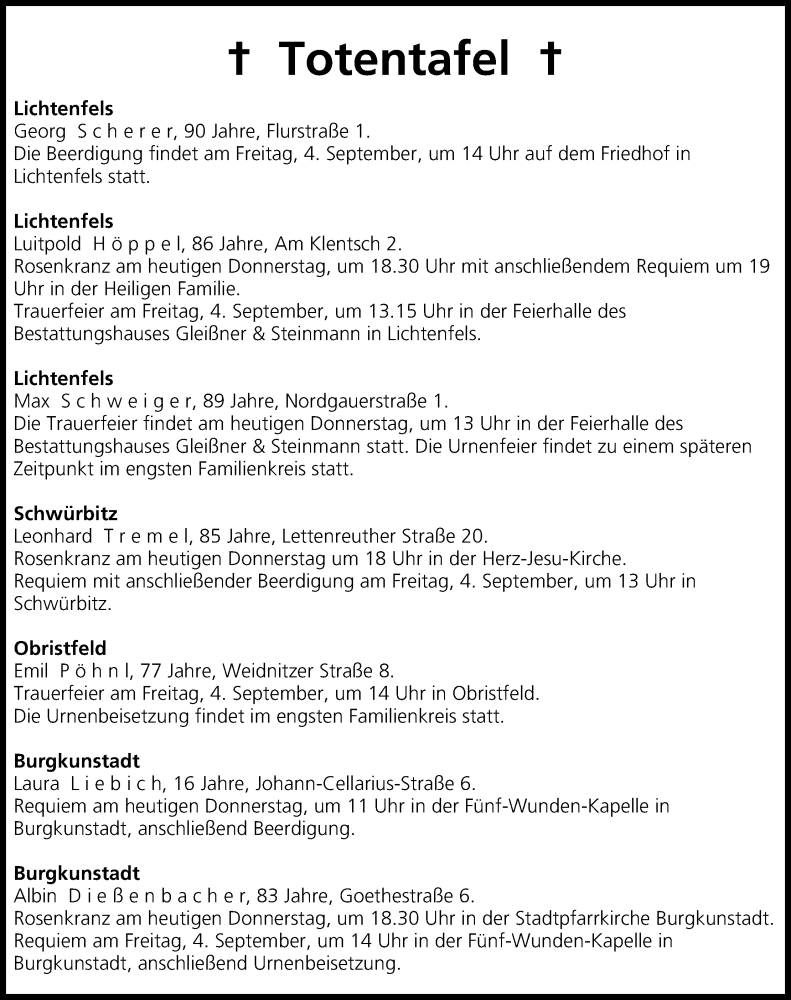  Traueranzeige für Totentafel vom 03.09.2015 vom 03.09.2015 aus MGO