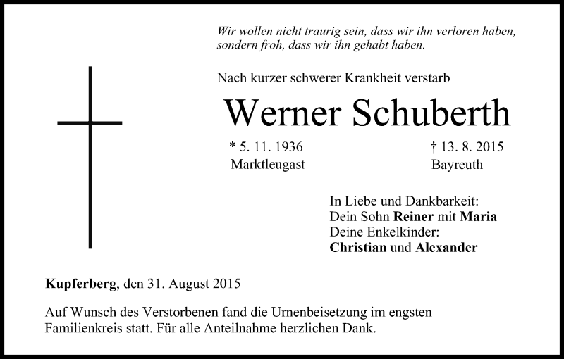  Traueranzeige für Werner Schuberth vom 31.08.2015 aus MGO