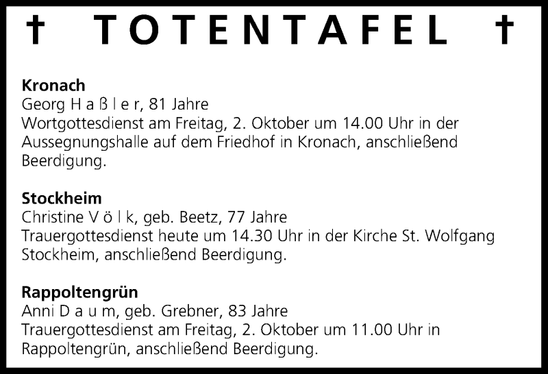  Traueranzeige für Totentafel vom 01.10.2015 vom 01.10.2015 aus MGO