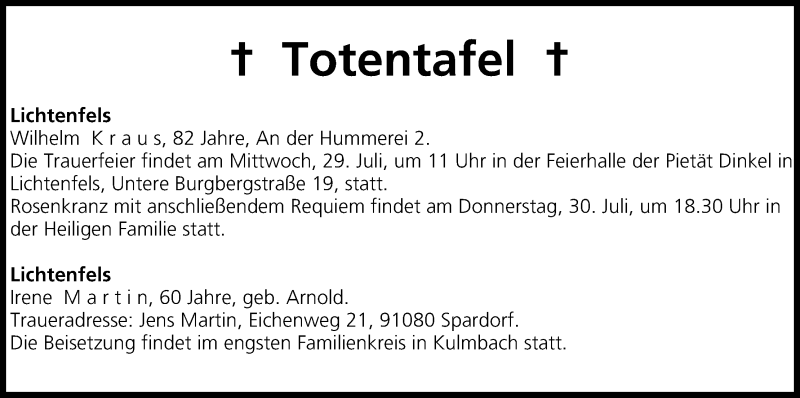  Traueranzeige für Totentafel vom 29.07.2015 vom 29.07.2015 aus MGO