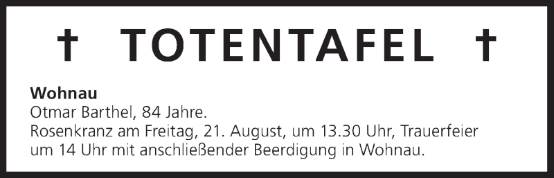  Traueranzeige für Totentafel vom 21.08.2015 vom 21.08.2015 aus MGO