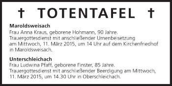 Anzeige von Totentafel vom 10.03.2015 von MGO