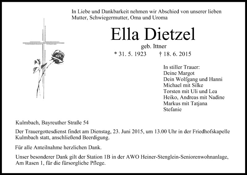  Traueranzeige für Ella Dietzel vom 20.06.2015 aus MGO