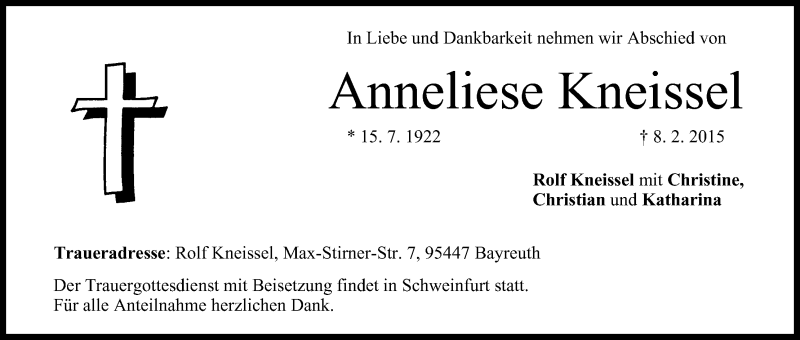  Traueranzeige für Anneliese Kneissel vom 10.02.2015 aus MGO