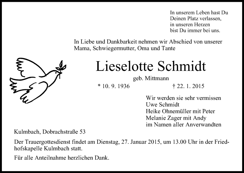  Traueranzeige für Lieselotte Schmidt vom 24.01.2015 aus MGO