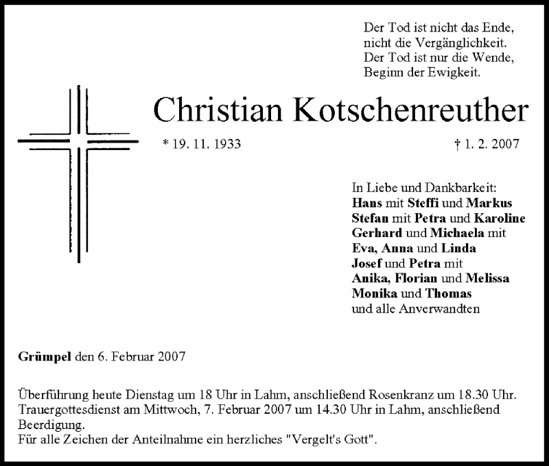 Traueranzeige für Christian Kotschenreuther vom 06.02.2007 aus MGO