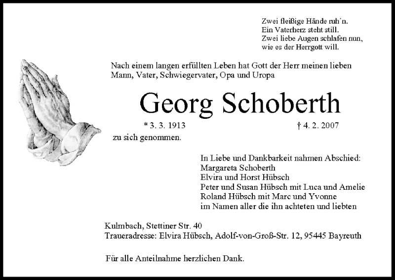  Traueranzeige für Georg Schoberth vom 09.02.2007 aus MGO