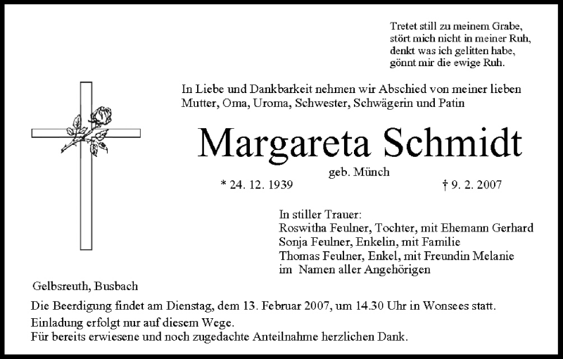  Traueranzeige für Margareta Schmidt vom 12.02.2007 aus MGO