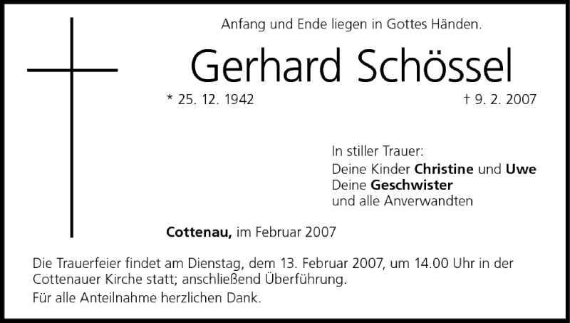  Traueranzeige für Gerhard Schössel vom 12.02.2007 aus MGO