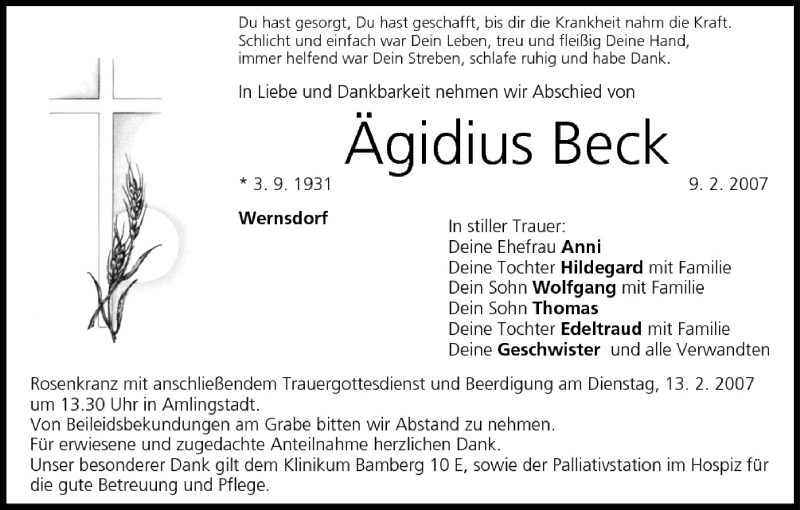  Traueranzeige für Ägidius Beck vom 12.02.2007 aus MGO