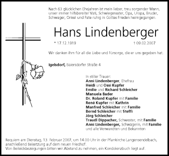 Anzeige von Hans Lindenberger von MGO