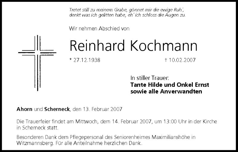  Traueranzeige für Reinhard Kochmann vom 13.02.2007 aus MGO