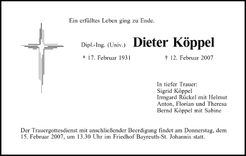  Traueranzeige für Dieter Köppel vom 13.02.2007 aus MGO