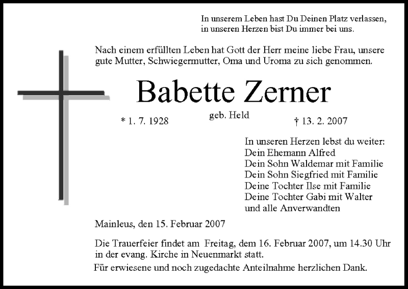  Traueranzeige für Babette Zemer vom 15.02.2007 aus MGO