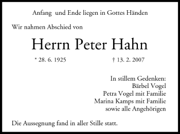 Anzeige von Peter Hahn von MGO