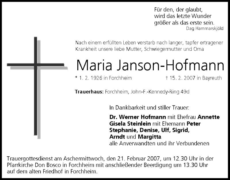  Traueranzeige für Maria Janson-Hofmann vom 17.02.2007 aus MGO