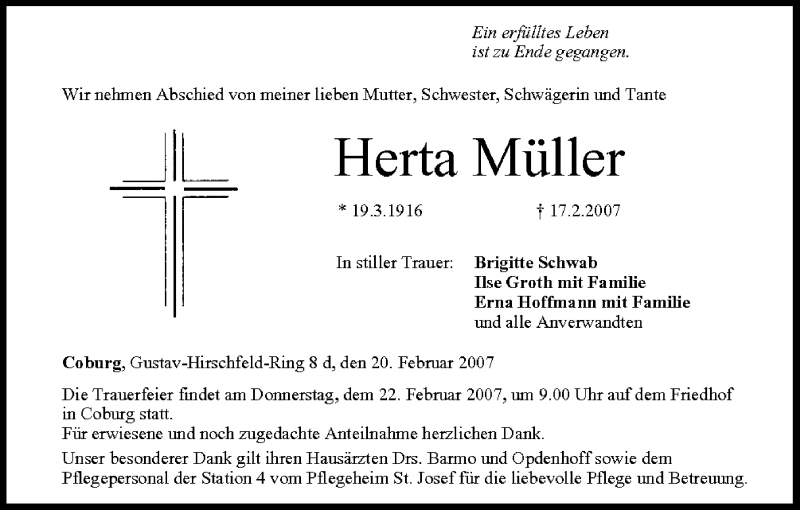  Traueranzeige für Herta Müller vom 20.02.2007 aus MGO