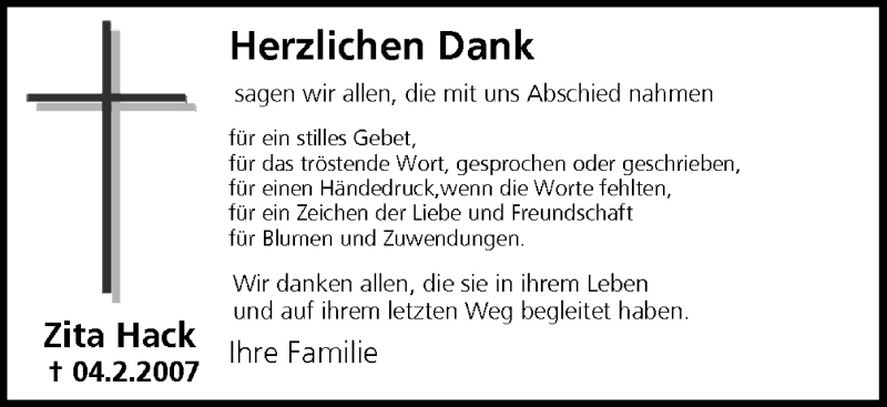  Traueranzeige für Zita Hack vom 21.02.2007 aus MGO