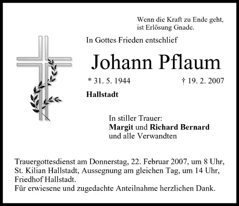  Traueranzeige für Johann Pflaum vom 21.02.2007 aus MGO