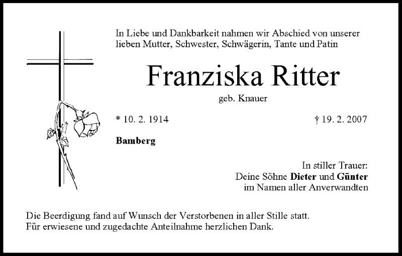  Traueranzeige für Franziska Ritter vom 22.02.2007 aus MGO