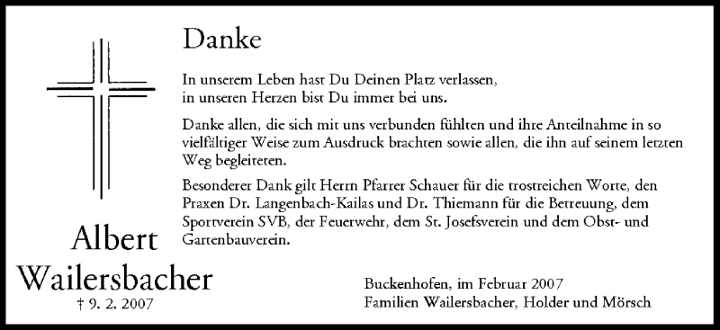  Traueranzeige für Albert Wailersbach vom 24.02.2007 aus MGO