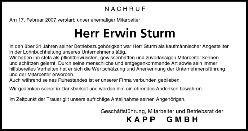  Traueranzeige für Erwin Sturm vom 22.02.2007 aus MGO