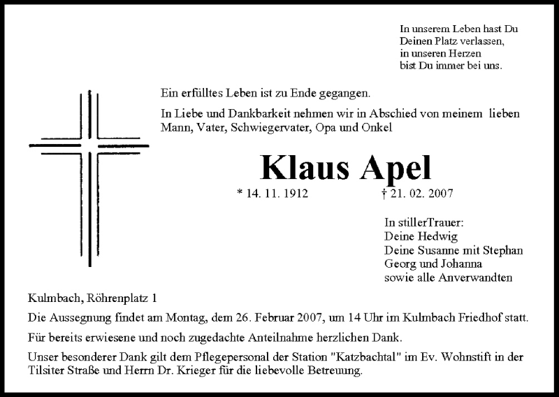  Traueranzeige für Klaus Apel vom 23.02.2007 aus MGO